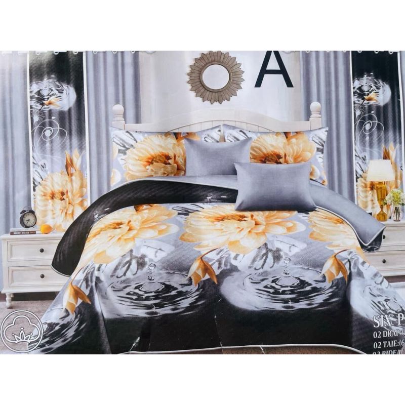 Drap - JIMMY - AB301 - 240x260 cm - 2 draps - 2 Taies D'oreiller + 2 Rideaux - 3 places - 100% coton - Multicolore | Glotelho Cameroun