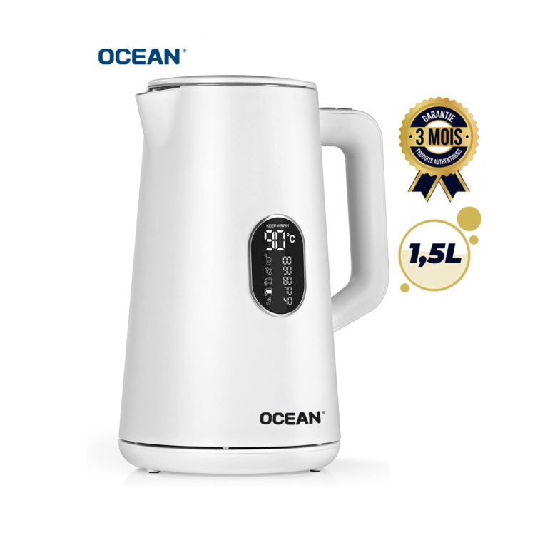 Bouilloire avec affichage numérique - Double paroi et fonction maintien au chaud - OCEAN - OCKT1815DN - 1500-1800 watts - 1,5 l - Blanc - Garantie 3 mois