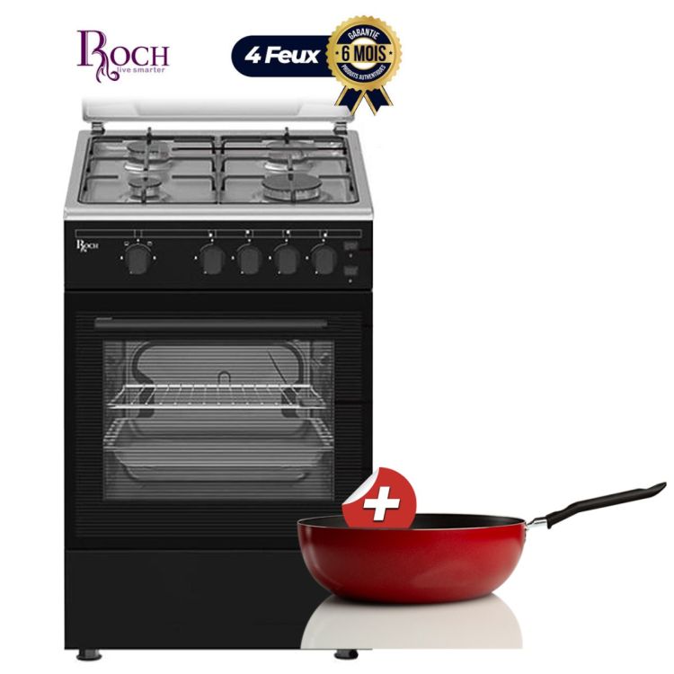 Cuisinière à gaz ROCH 4 feux - 50 x 50 cm - Full Option - (RGC-50G4-G(B)) - Noir + Poêle antiadhésive Brinox - 7015/372 - 24 cm, 2,3 L OFFERTE