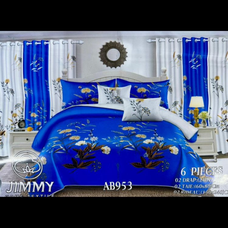 Drap - JIMMY - AB314 - 240x260 cm - 2 draps - 2 Taies D'oreiller + 2 Rideaux- 3 places  | Glotelho Cameroun