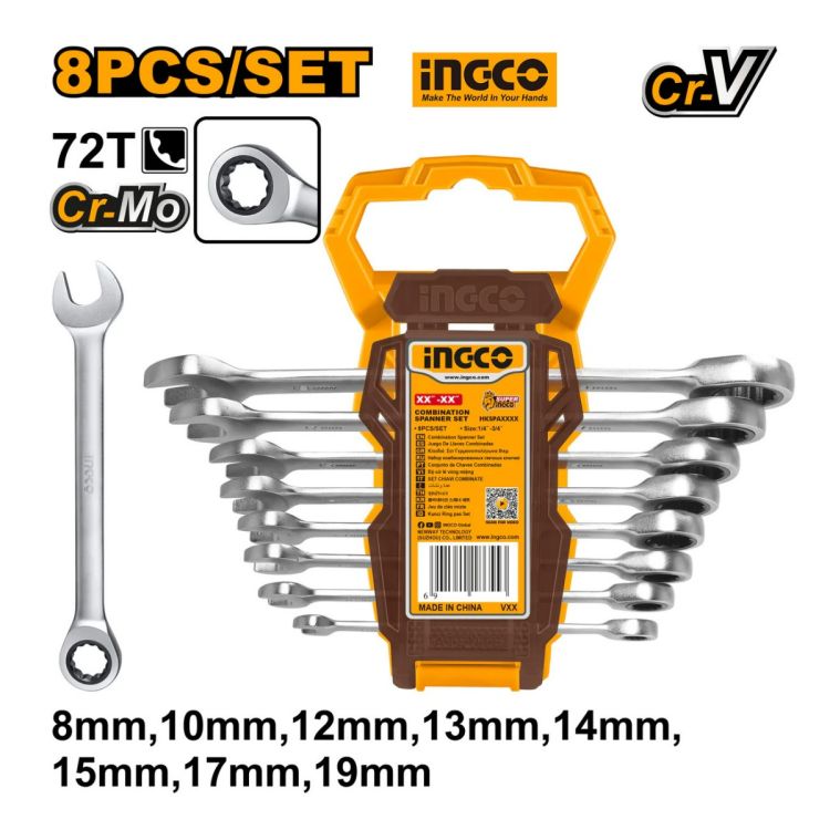 Jeu de 8 clés industrielles à cliquet 8-18mm - INGCO HKSPAR1082 - Chrome Vanadium