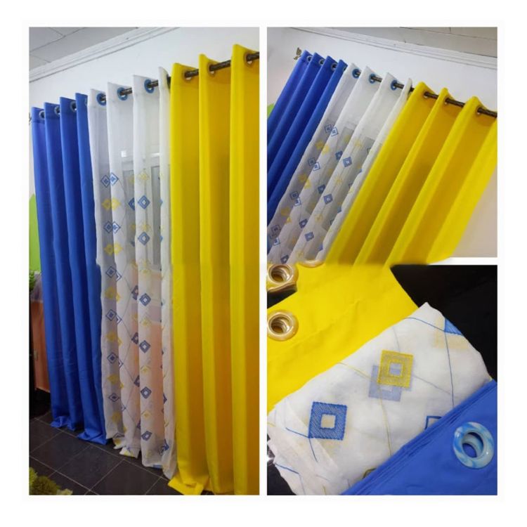 Lot de 2 rideaux occultant lourd - Voilage transparent - 140 cm x 250 cm - Jaune/Bleu