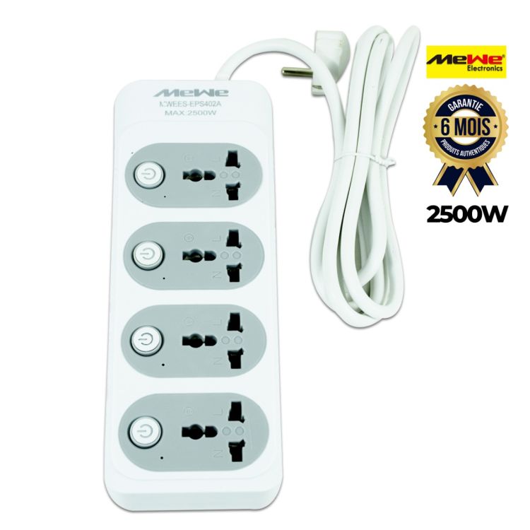 Multiprise MeWe 4 prises universelles avec interrupteurs individuels - 2500W, garanti 6 mois sur Glotelho.