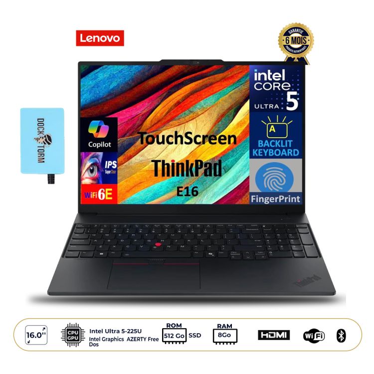 Ordinateur portable Lenovo ThinkPad E16 Gen 2 - SSD 512 Go - 8 Go DDR5 - Écran 16" WUXGA - Intel Ultra 5-225U - Carte graphique Intel - AZERTY - FreeDos - Garantie 6 mois