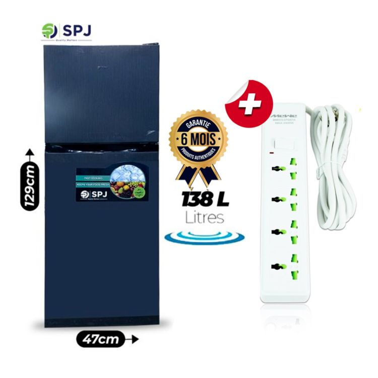 Pack Réfrigérateur double porte SPJ 138 litres - RF-160C - Gris + Rallonge électrique MeWe à 4 prises (offerte) - Garantie 6 mois