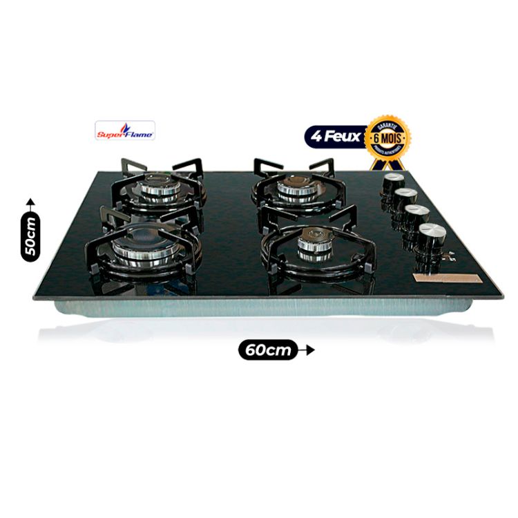 Plaque de cuisson encastrable - SUPERFLAME - 4 feux - SF-604GT- 50x60Cm - Allumage automatique - Noir - Garantie 6 mois