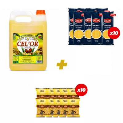 Huile de Palme Raffinée CEL'OR - Enrichie en vit A - 100% extra raffinée - 5L + Lot de 10 Spaghetti SELVA - Blé dur - 500g + Lot de 10 Macaroni Pasta Gold 500g + 1 Tablier Offert