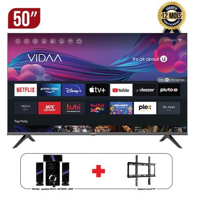 Pack TV SMART ROCH 50 pouces - RH-LE50DSV- C- VIDAA - DVB T2, S2 + Support Murale + Woofer ROCH 60W - RS-PK05S - Bluetooth/USB - Radio FM - Garantie 6 mois