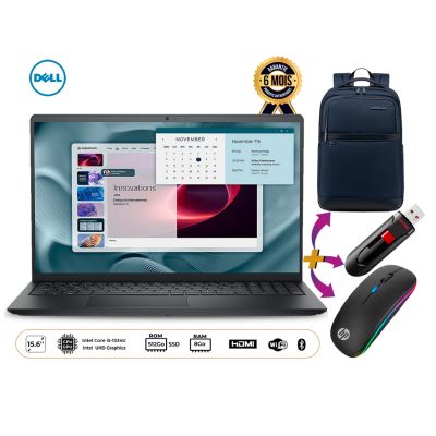 Pack Ordinateur Portable - Dell - Pro 15 Essential PV15250 - Intel Core 3-100U - 512 GB SSD - 8 GB RAM + Clé USB SanDisk 128GB + Souris HP W10 + Sac à dos WePower - Garantie 6 mois