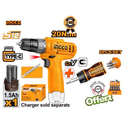 Perceuse sans fil INGCO - CDLI12456 - 12V - 1.3Ah + Embout et Jeu de tournevis 8 en 1 INGCO - AKISDS1728 Offert