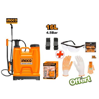 Pulvérisateur à dos INGCO - HSPP41602 - 16 Litres  + Lunette de protection INGCO - HSG04 + Gants en Coton Tricotés INGCO - HGVK05 Offert