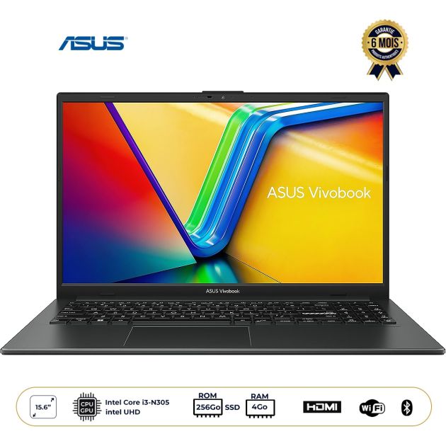 Ordinateur portable - ASUS Vivobook Go 15 - Écran 15.6" FHD - Intel Core i3-N305 - 4Go RAM - 256Go SSD - Intel UHD Graphics - FreeDos - Qwerty / Azerty - Garantie 6 mois