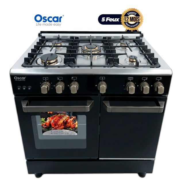 Cuisinière à Gaz – OSCAR LUXE - OSC-G85NE - 60×76 – 5 Feux (1 Triple Couronne) – Grand Four + Compartiment Chauffe-Plats – Grilles Fonte – Allumage Auto – Noir – Garantie 12 Mois