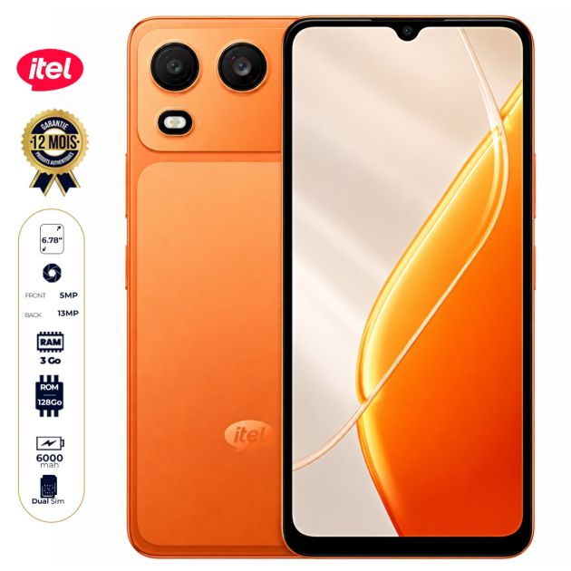 Itel - A200+ - 128 Go - 3 Go RAM - Écran 6,75" HD+ 120 Hz - Caméra 13 MP - Batterie 6000 mAh - Double Nano-SIM 4G - Garantie 12 Mois
