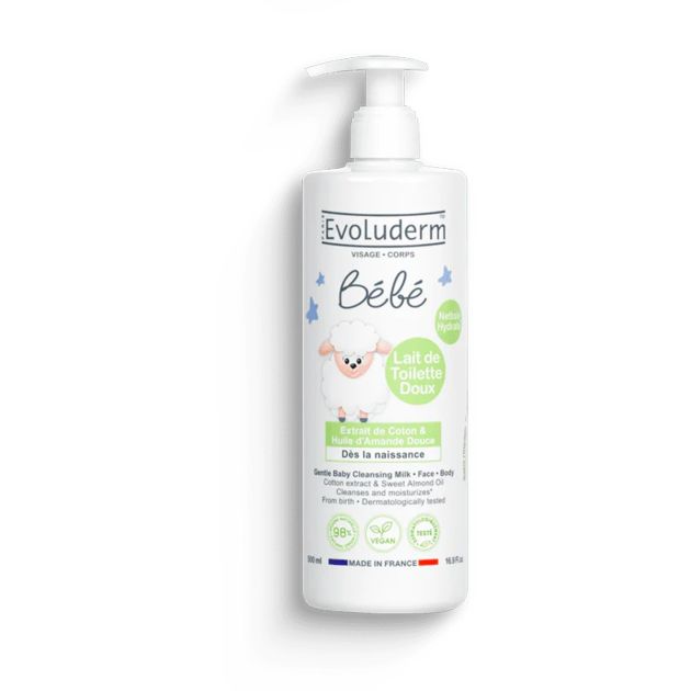 Evoluderm – Lait de Toilette Doux Visage & Corps Bébé – À l'Huile d'Amande Douce – 500 ml