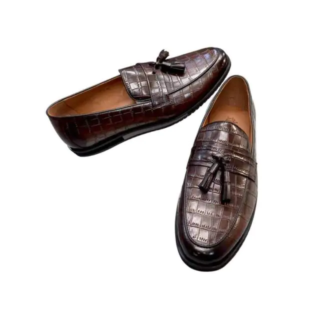 Mocassins à Pompons Santoni Peau De Crocodile Marron - Taille 10 US (9 IT) - Occasion TB