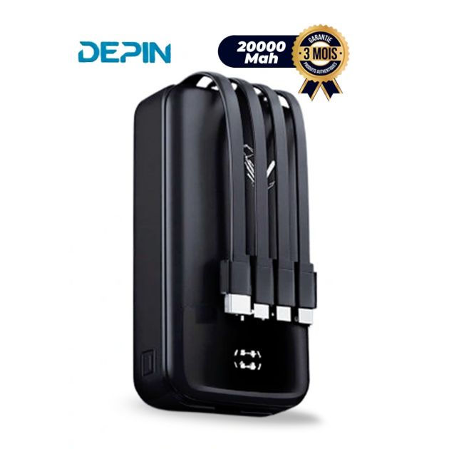 Powerbank DEPIN - LD-05S - 20000mAh - 12W - 04 Câbles Intégrés - Écran LED Numérique - Noir - 03 Mois de Garantie