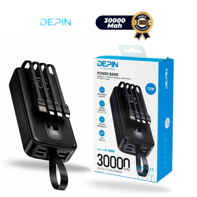Powerbank DEPIN - LD-06BS - 30000 mAh - 12W - Câbles de charge intégrés - Noir - Garantie 3 mois