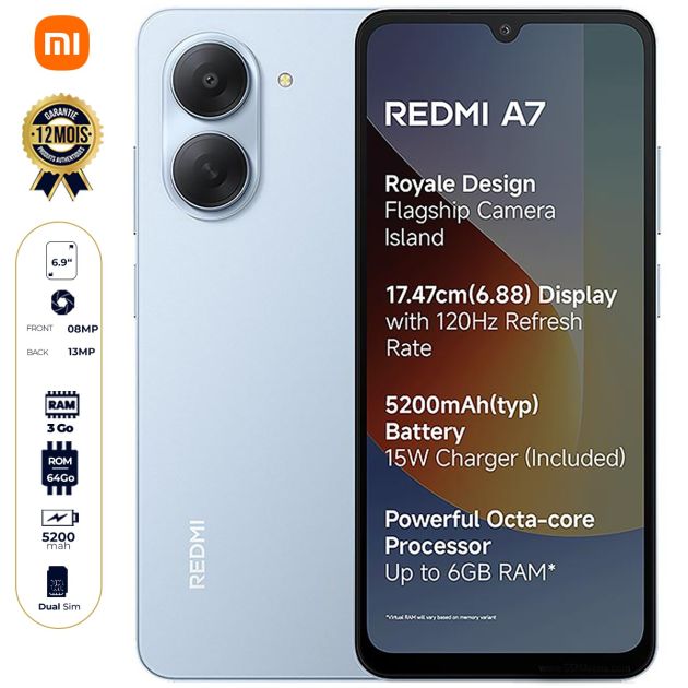 Xiaomi Redmi A7 - 64 Go - 3Go RAM - 6.9" - 2 Nano SIM - 13 MP/8 MP - 5200mAh - Garantie 18 mois