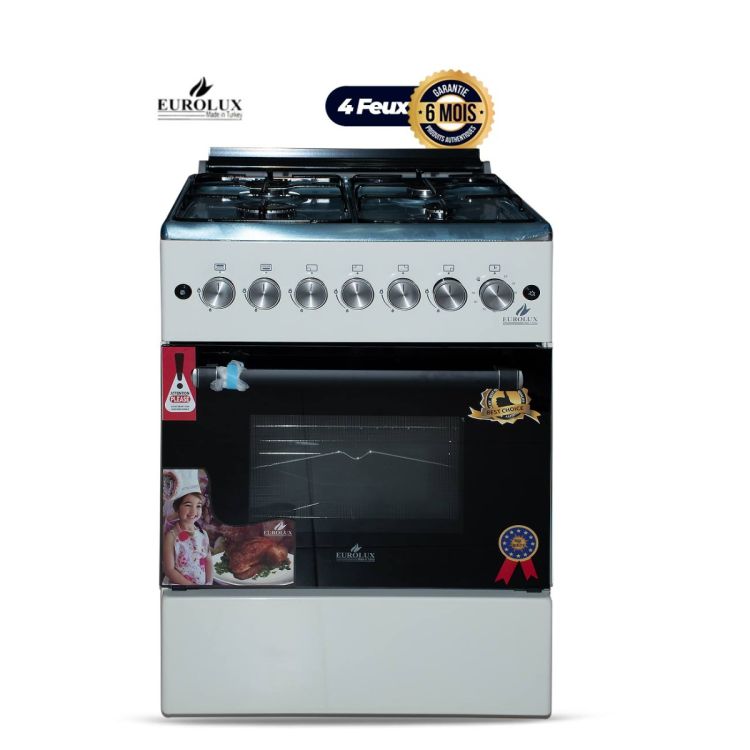 Cuisinière à Gaz Eurolux – EUR.Simple – 4 Feux – 60x60 cm – Four avec Grill & Tournebroche – Inox – Allumage Électrique et Automatique –  Crème – Garantie 6 Mois