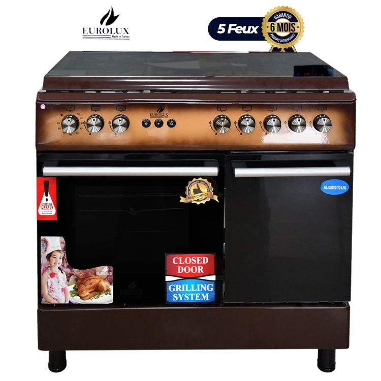 Gas cooker 5 burners Automatic - EROLUX - Trendy Maron - 60 x 90 - Oven and gas bottle holder - Wood - Warranty 06 months