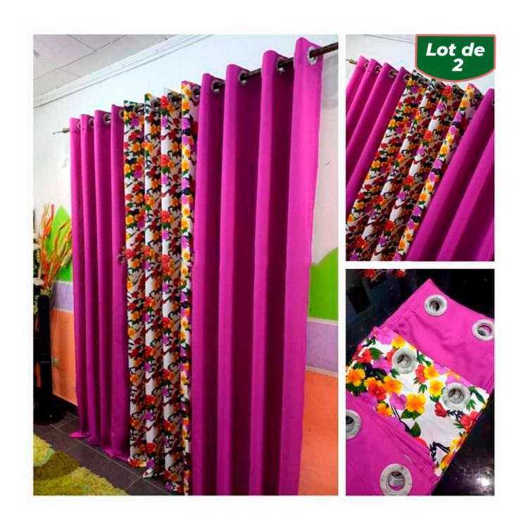 Lot de 2 rideaux occultants africains (lourds) et voile transparent - Violet multicolore