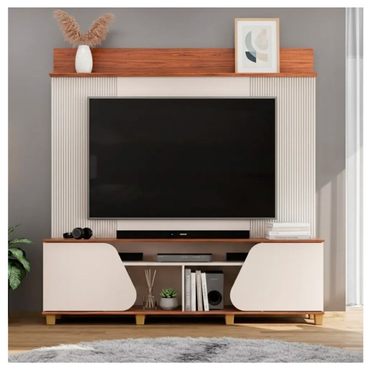 Meuble TV HENRY - 36093227 - Emplacement pour Home Cinéma - TV 70 Pouces - 2 Portes - 1 Étagère - MDF/MDP - 182cm - Blanc Cassé/Bois