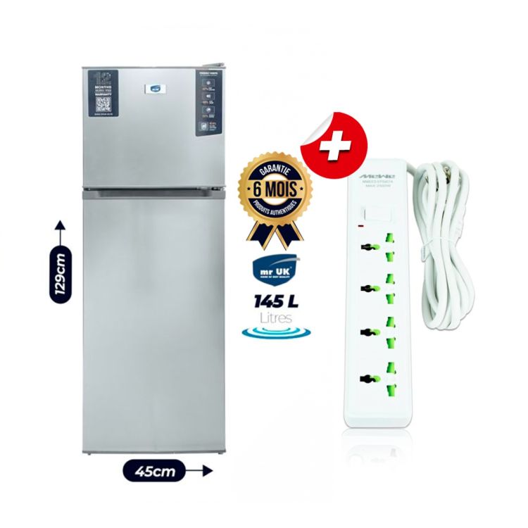 Pack Réfrigérateur double battant mr UK 145 litres - FTUI-F91-15-143 - Gris + Rallonge électrique MeWe 5 prises Max 2500W  (offerte) - Garantie 6 mois