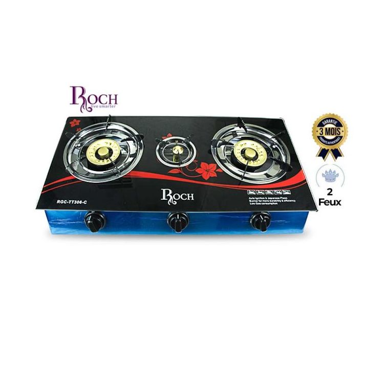 Plaque à Gaz Vitré - 3 feux - Roch - Allumage Automatique - RGCTT306-C - Garantie 03 mois