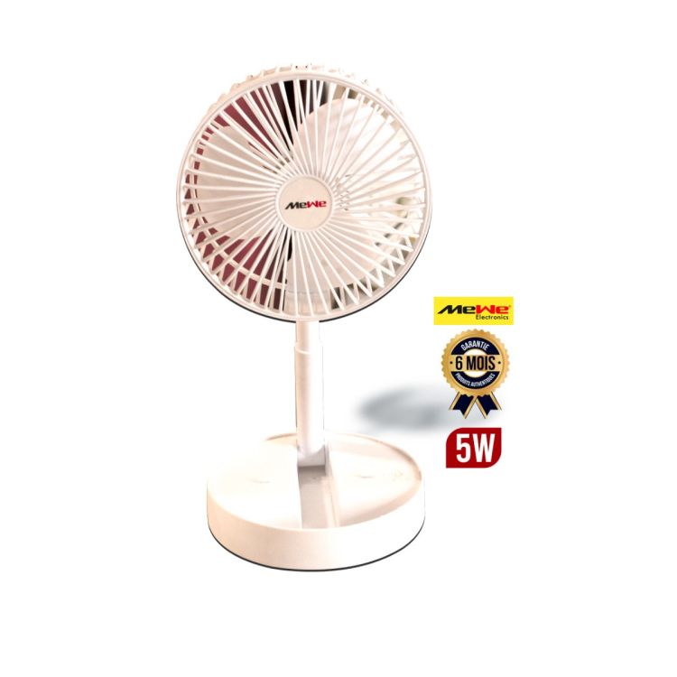 Mini ventilateur rechargeable MEWE 5 watts, à 3 pales souples, disponible sur Glotelho.