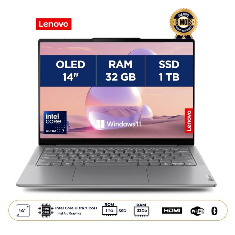 Ordinateur portable - Lenovo Yoga Slim 7 14IMH9 - Écran 14" WUXGA OLED - Intel Core Ultra 7 155H - 32Go RAM DDR5 - 1To SSD - Intel Arc Graphics - Windows 11 Home - Garantie 6 mois