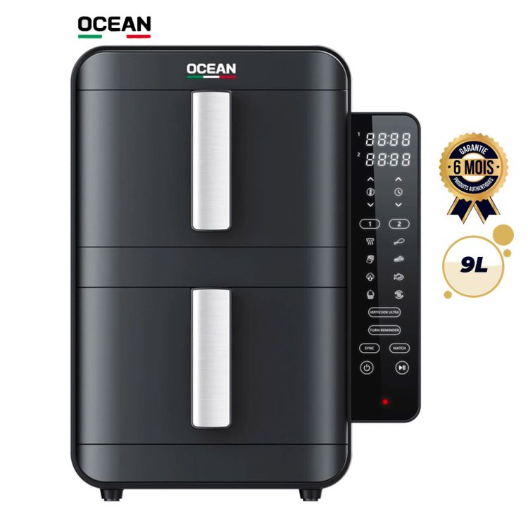 Friteuse sans Huile Digitale OCEAN 9L - OCAFK24902DN - Double Panier Antiadhésif - 1800W - 200°C - Minuterie 60min - Dual Zone Sync - Noir - Garantie 6 mois