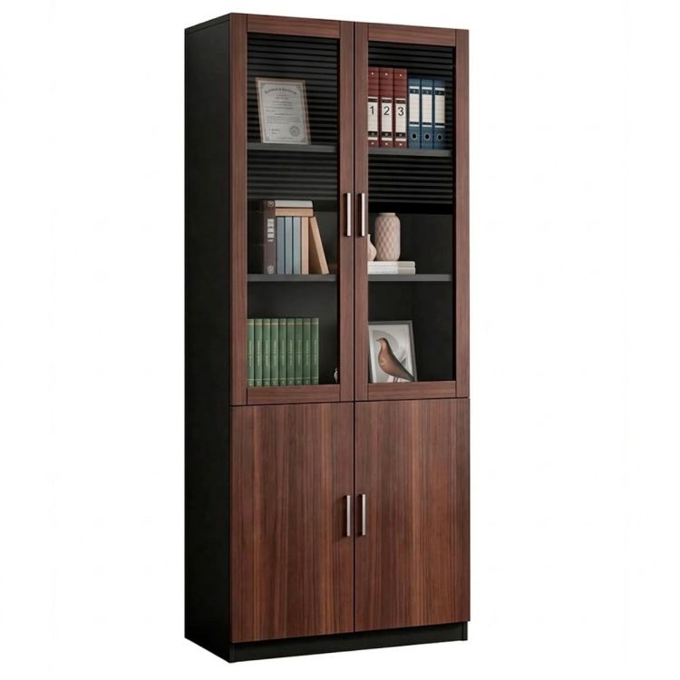 Armoire de Bureau à Portes Vitrées - 4 Portes (2 Vitrées + 2 Pleines) - Étagères de Rangement - Marron Effet Bois - Neuf