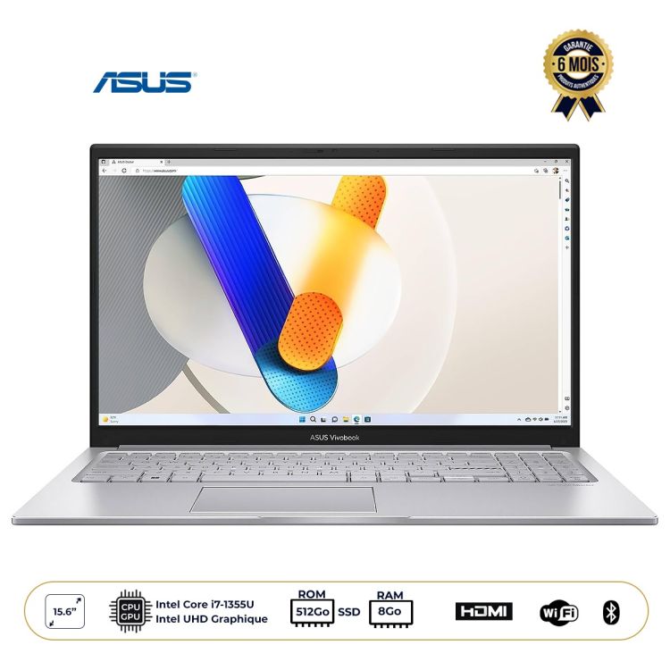 Ordinateur portable - ASUS Vivobook 15 X1504VA - Écran 15.6" FHD - Intel Core i7-1355U - 8Go RAM - 512Go SSD - Intel UHD Graphics - Clavier Qwerty - FreeDos - Garantie 6 Mois