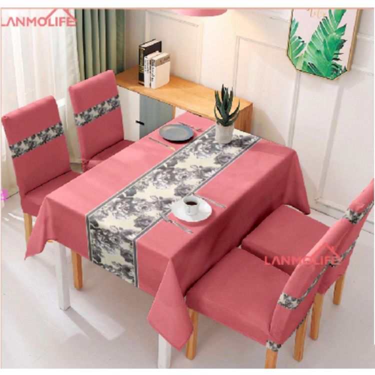 Ensemble de 6 housses de chaises + une nappe de table de salle à manger en polyester -  152cm × 228cm - Rose