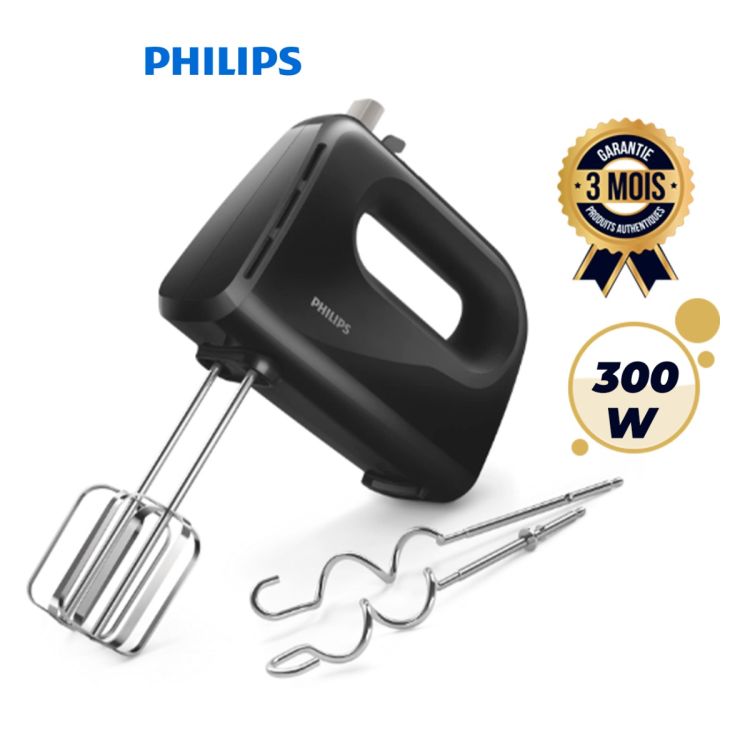 Batteur Électrique Philips Daily HR3705/10 – 300 W - 5 Vitesses + Turbo – Fouets & Crochets Inox - Léger & Ergonomique – Noir – Garantie 3 mois