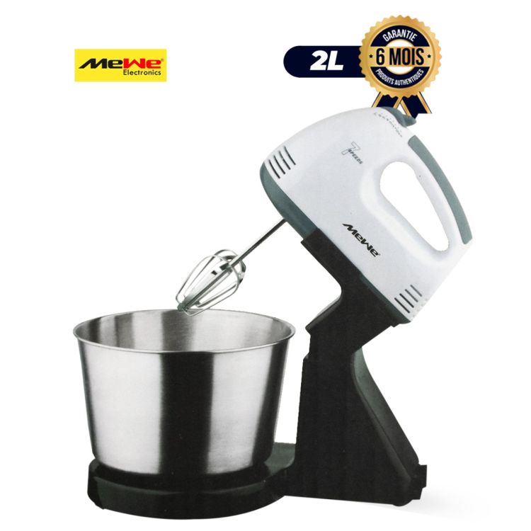 Batteur Électrique sur Socle Avec Bol Rotatif Inox 2L - MEWE - MWBGM-MIX01MT-STAND - 7 Vitesses + Turbo - Fouets et Crochets Pétrisseurs Inclus - 120W - Blanc/Noir - Garantie 6 mois