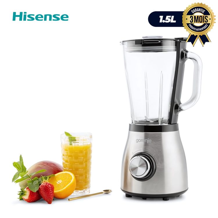 Blender - HISENSE - H15TBSSS2 - 500W - 1,5L - Avec Bol en Verre - Design en Inox - 4 Lames Inox - 2 Vitesses et Fonction Pulse - Base Antidérapante - Finition Inox/Noir - Garantie 3 mois