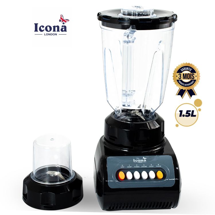 Blender 2-en-1 ICONA LONDON 300W - ILB-550T - Mixeur 1,5L avec Moulin à Épices Inclus - 4 Vitesses + Fonction Pulse - Lames Inox - Bols Plastique - Noir/Bleu - Garantie 3 mois