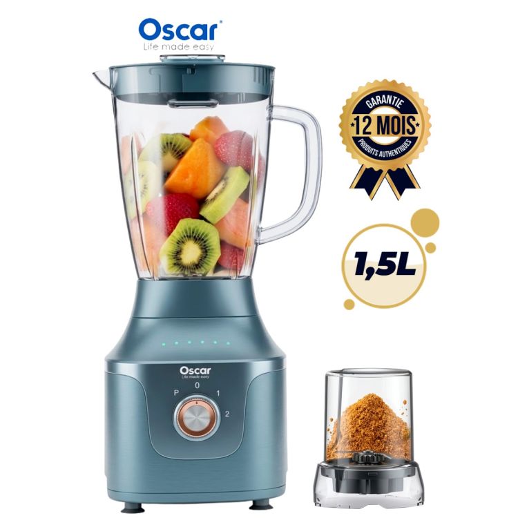 Blender 2 en 1 - OSCAR - OSC-19PP - 450W - Bol Plastique Incassable 1.5L - Moulin à Grains - 2 Vitesses & Pulse - Lames Inox Détachables - Garantie 03 mois