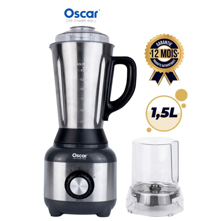 Blender 2 en 1 - OSCAR - OSC-36PS-D - 600W - Bol en Acier Inoxydable 1.5L - Moulin Incassable - Pile la Glace - 2 Vitesses & Pulse - Noir/Inox - Garantie 03 mois