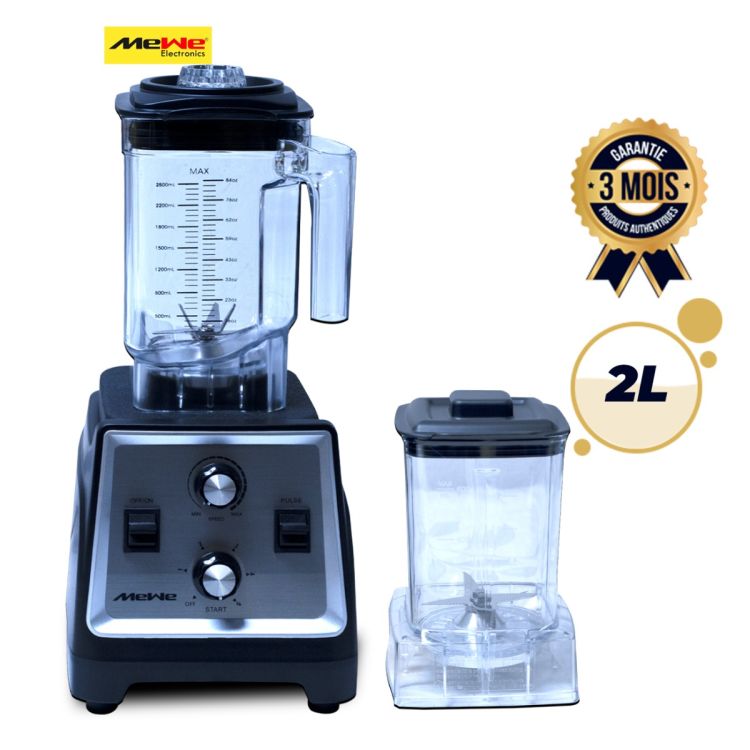 Mixeur/Blender Semi‑professionnel MEWE 2200W – MWBLD‑HSB01BK‑2200 – Ice Crusher – 2 Bols incassables – 6 Lames Inox – Protection contre surchauffe et surcharge – Argent/Noir – Garantie 3 mois