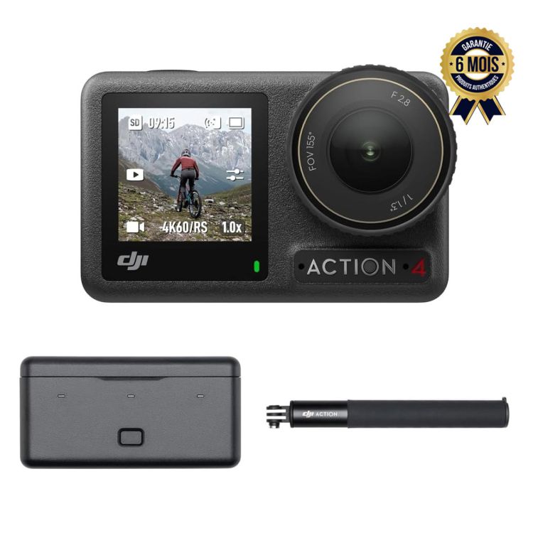 Caméra d'action étanche Prix en fcfa - DJI Osmo Action 4 Adventure Combo - 4K HDR - Stabilisation RockSteady 3.0+ - Double écran tactile - WiFi/Bt 5.0 - 1770 mAh + 3 Batteries Supplémentaires| Glotelho Cameroun