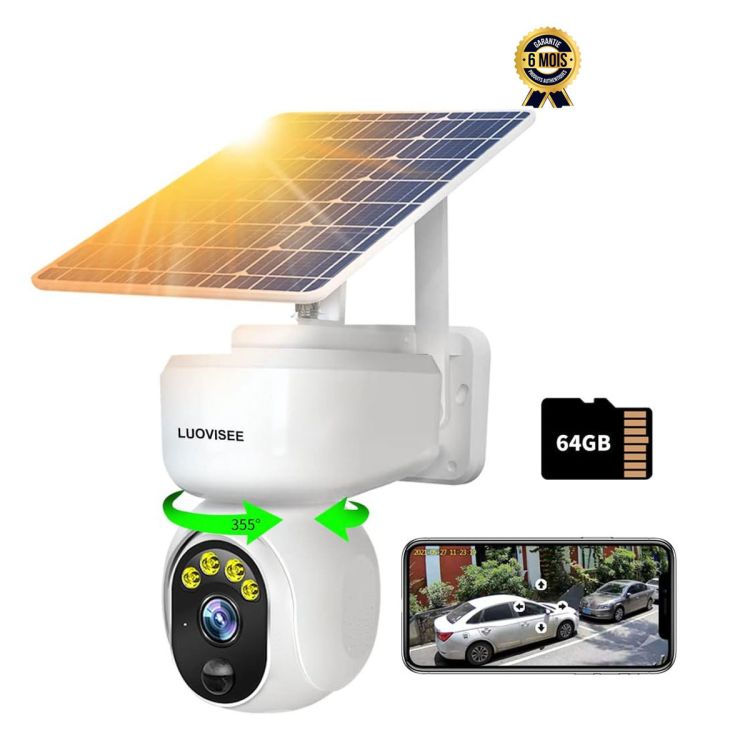 Caméra de sécurité extérieure solaire sans fil - Prix en fcfa - WiFi PTZ - Vue à 360° - Vision nocturne couleur avec audio, alarme de détection de mouvement PIR - Carte SD 64 Go - IP65| Glotelho Cameroun