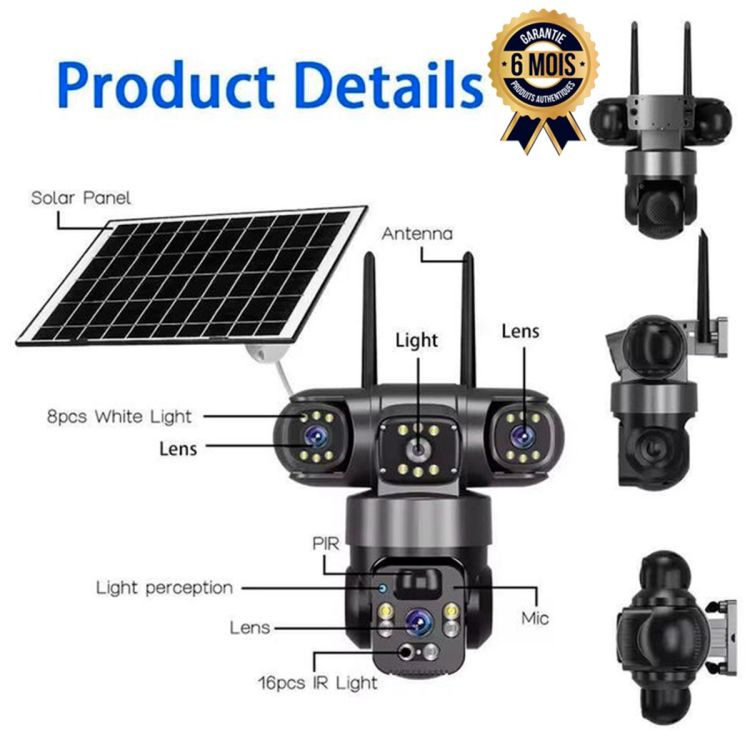 Caméra de surveillance solaire CALUS VC21-4G – Triple objectif HD – Carte SIM 4G – Détection humaine PIR + IA – Suivi automatique – Vision nocturne couleur – Étanche IP66 – Garantie 6 mois