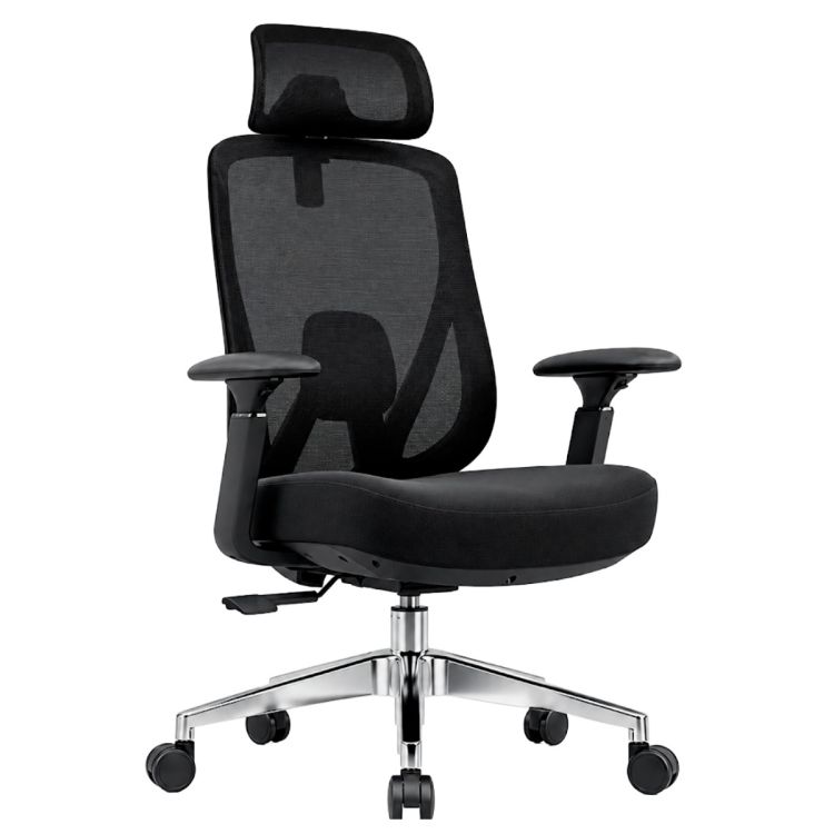 Chaise de Bureau Ergonomique - FD-A807S - Haut Dossier Maille - Appui-Tête & Accoudoirs Réglables - Base Chromée - Noir