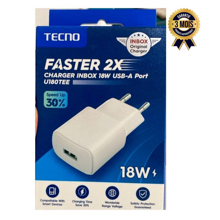 Chargeur TECNO Faster 2X U180TEE 18 Watts Port USB-A - price Cameroon