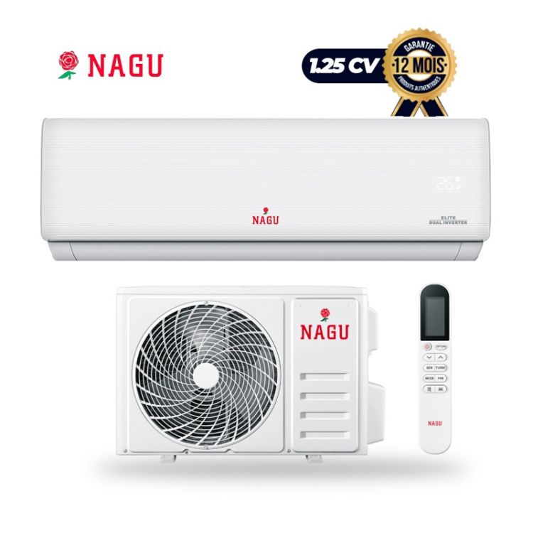 Climatiseur Split Mural NAGU 9INV - 1,25 CV (9000 BTU) - Technologie Inverter - Consommation Ajustable 300 à 1250 W - Télécommande - Filtre Lavable - Blanc - Garantie 12 mois