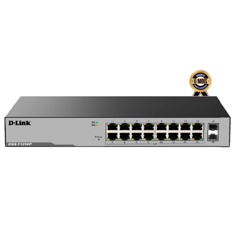 Commutateur Réseau - D-Link - DGS-F1016P - 16 Ports Gigabit PoE - 2 Ports SFP Gigabit - Budget PoE 250W  - Garantie 12 Mois