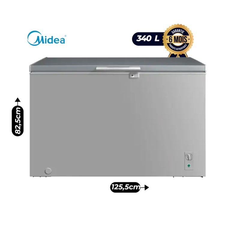 Congélateur Coffre  MIDEA MDRC479FZG43 – 340 Litres – Inverter – Refroidissement Manuel – 2 Paniers – Couvercle Intérieur Vitré – Autonomie 100 Heures – Argent – Garantie 06 mois